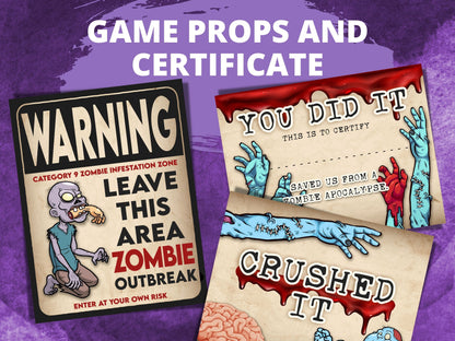 Game props and certificate with zombie theme on a purple background