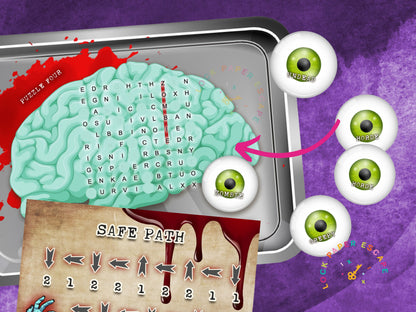 Escape room printable with brain puzzle, eyeballs, and safe path indicators on a purple background