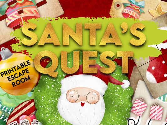 Promotional image for 'Christmas Escape Hunt' featuring a festive design with holiday-themed items like candy canes, ornaments, and a snowman, alongside text that highlights the product title and features.