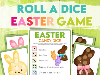 Promotional image for an Easter Candy Dice Game featuring a colorful graphic of peeps and chocolate bunnies, dice, and game board.