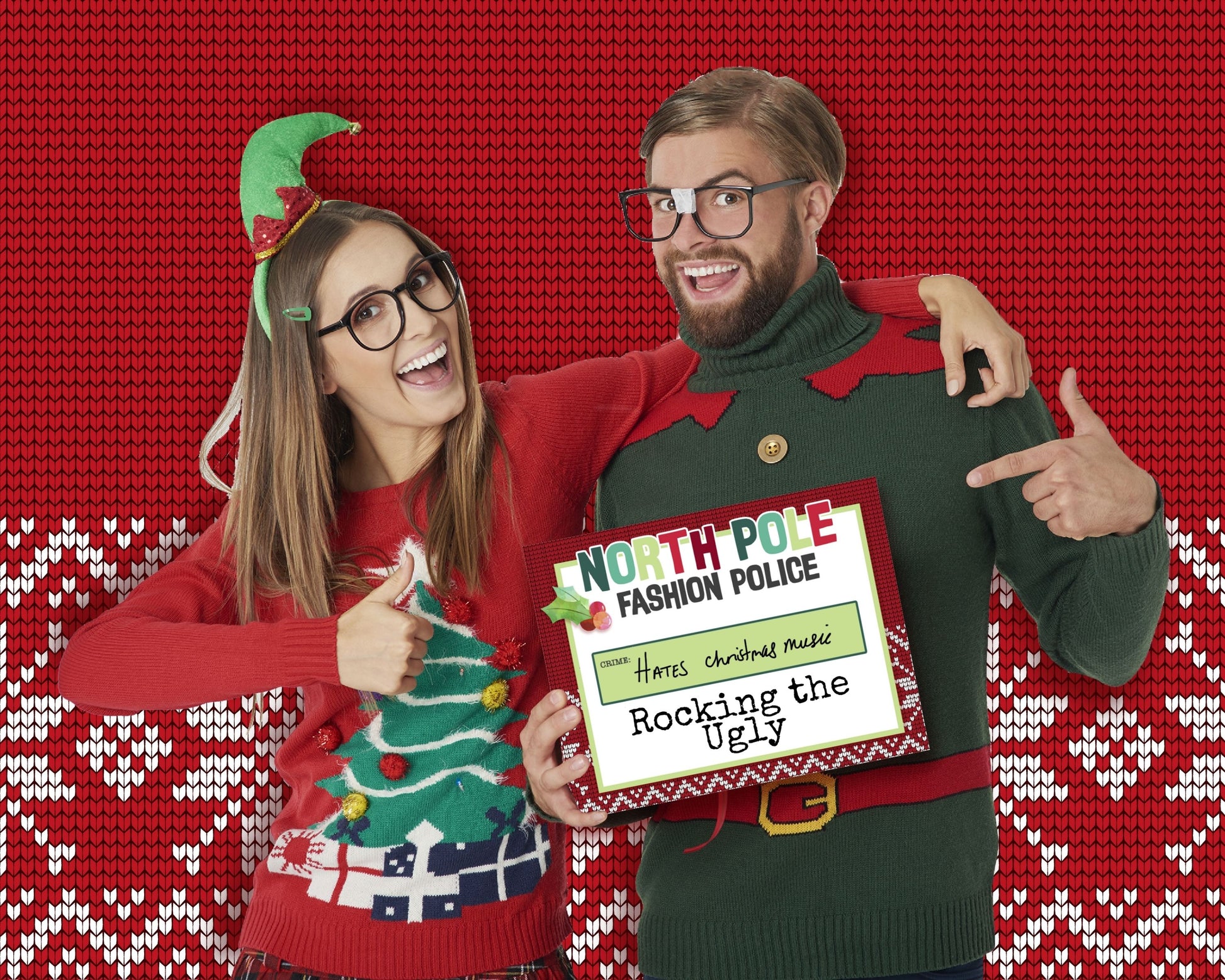 man and woman holding an ugly sweater sign