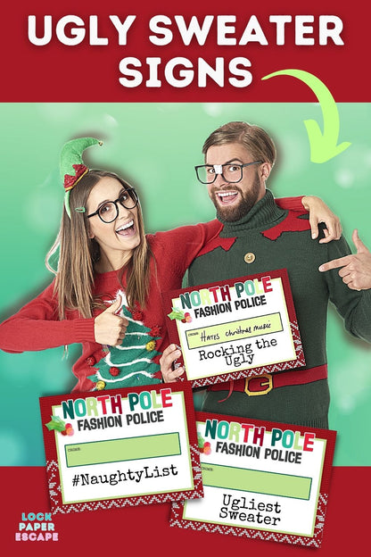 Couple-holding-Ugly-sweater-party-sign