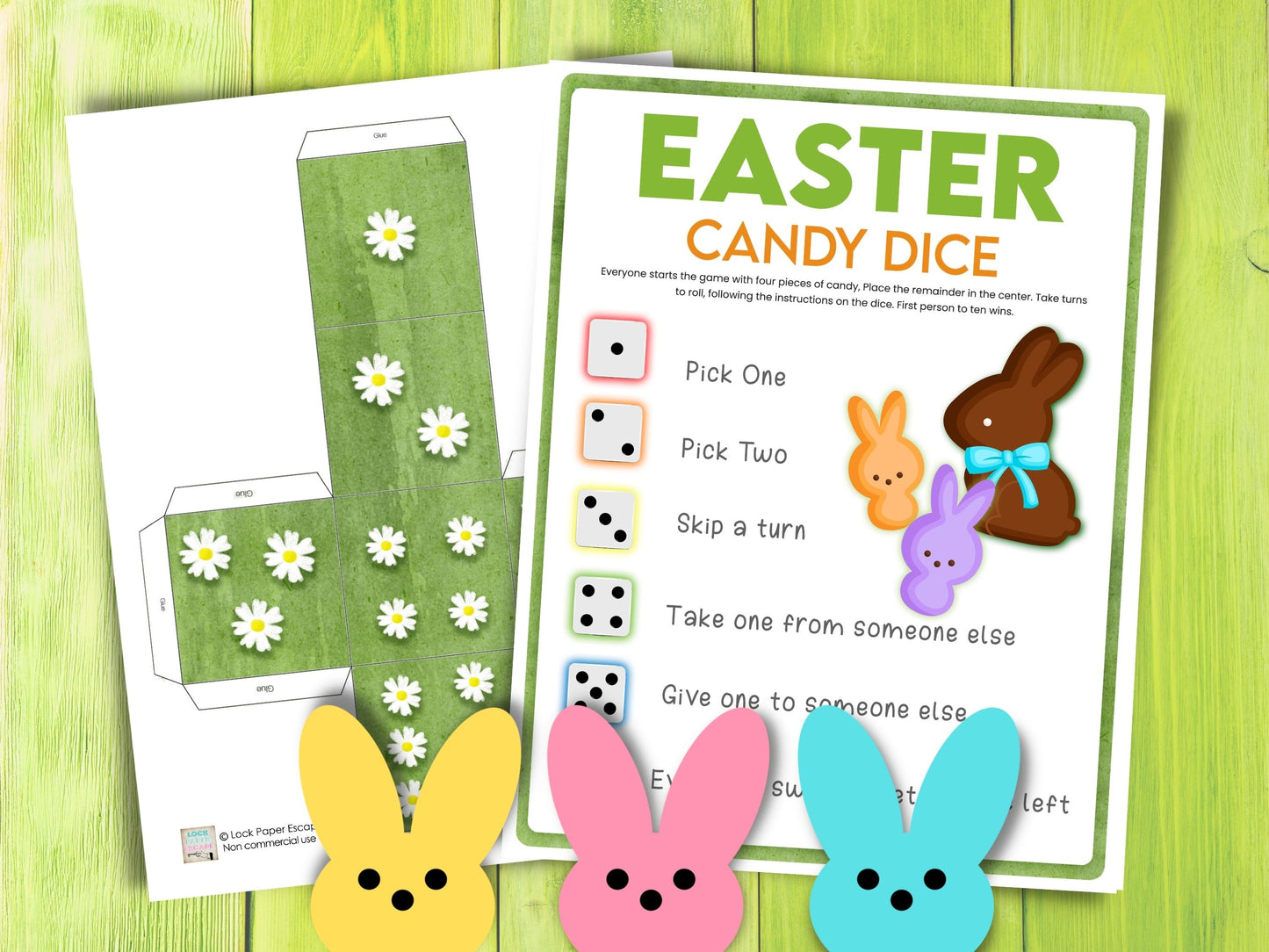 Easter candy dice game board and dice  printed out pages.