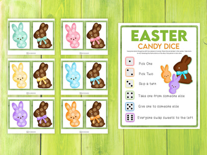promotional image of colorful peep and chocolate bunny game boards and printable easter candy dice instructions on a cheerful green background.