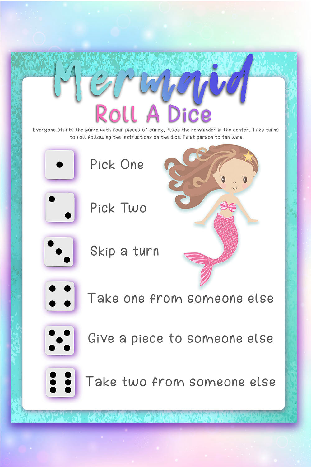 Mermaid themed roll a dice game board with cute mermaid detail on a rainbow background.